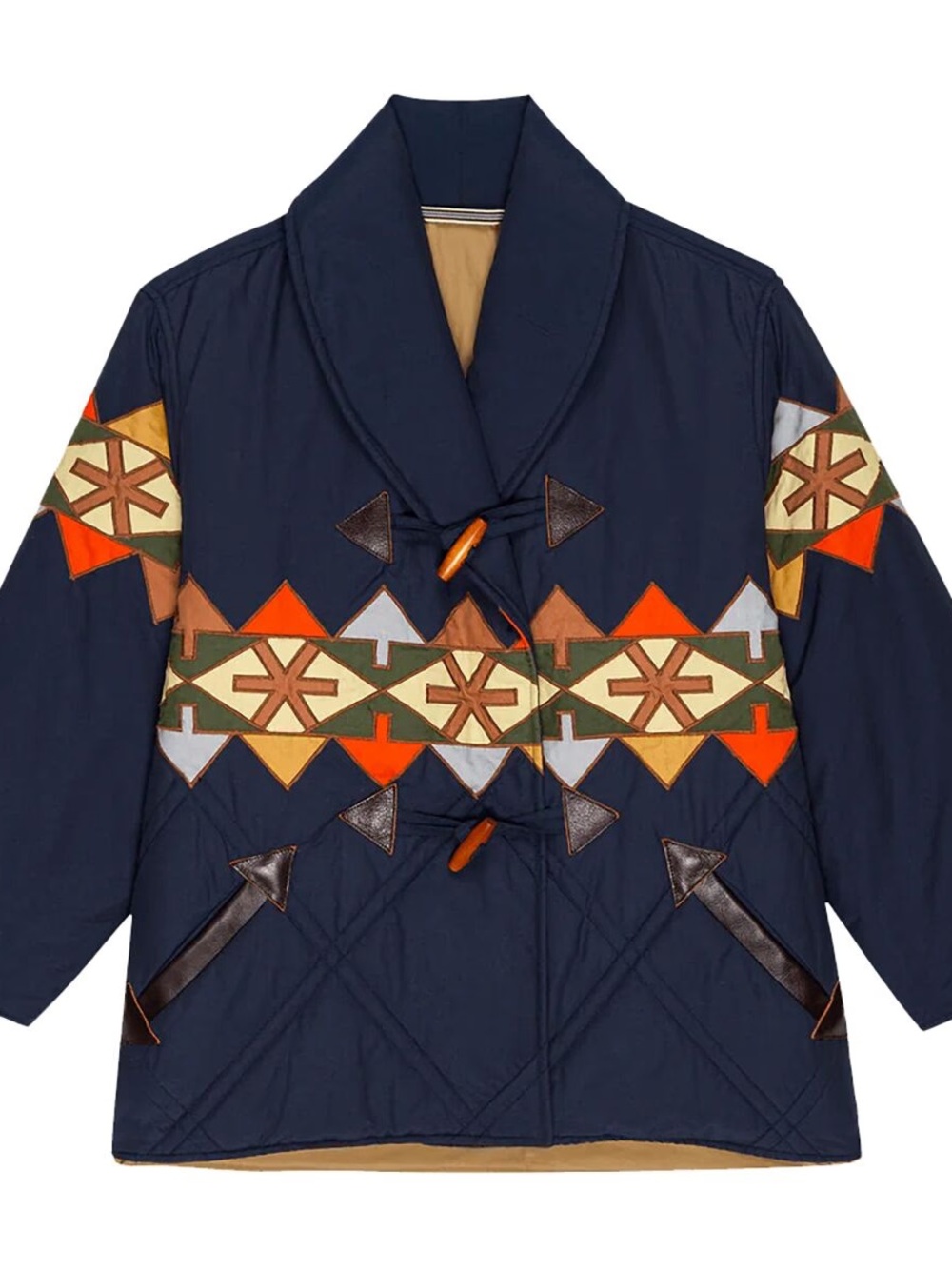 THE GREAT. Cropped Wanderer Navy Puffer Jacket with Multicolor Geometric Trim